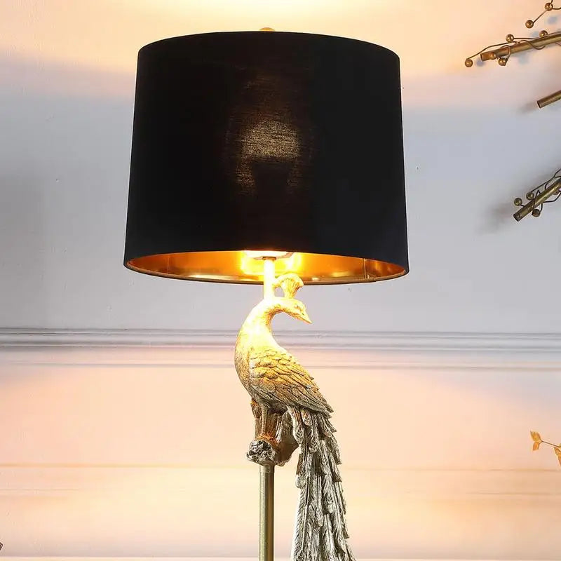 29" Modern Elegant Golden Peacock Table Lamp on Pedestal - Polyresin Design