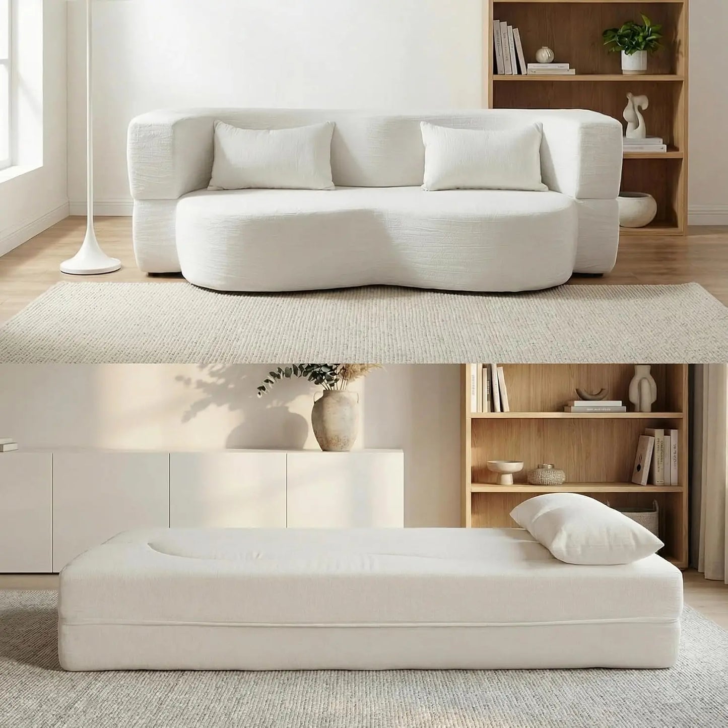 Convertible Sofa Bed 2in1 Teddy Fabric Loveseat With Pillow