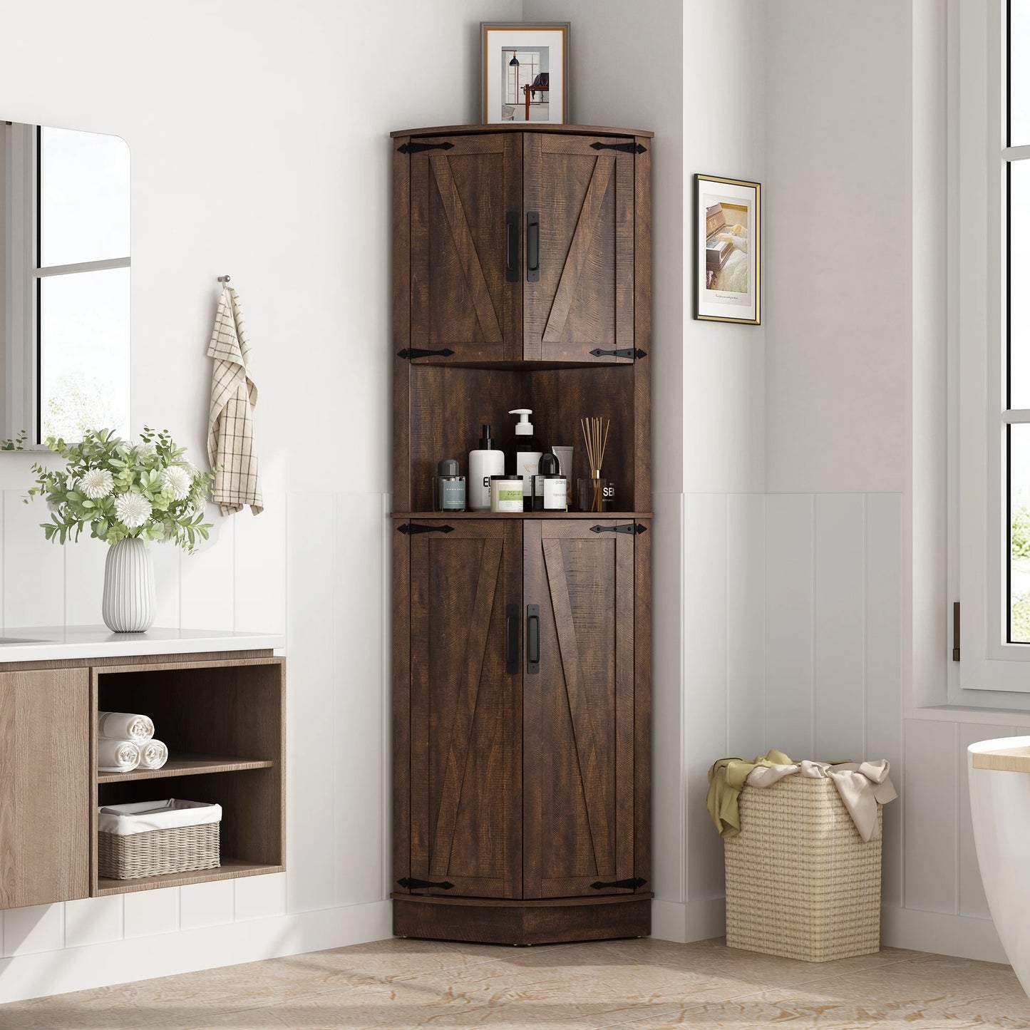 QiaoShiRen Farmhouse Corner Cabinet With Barn Doors And Adjustable Shelf