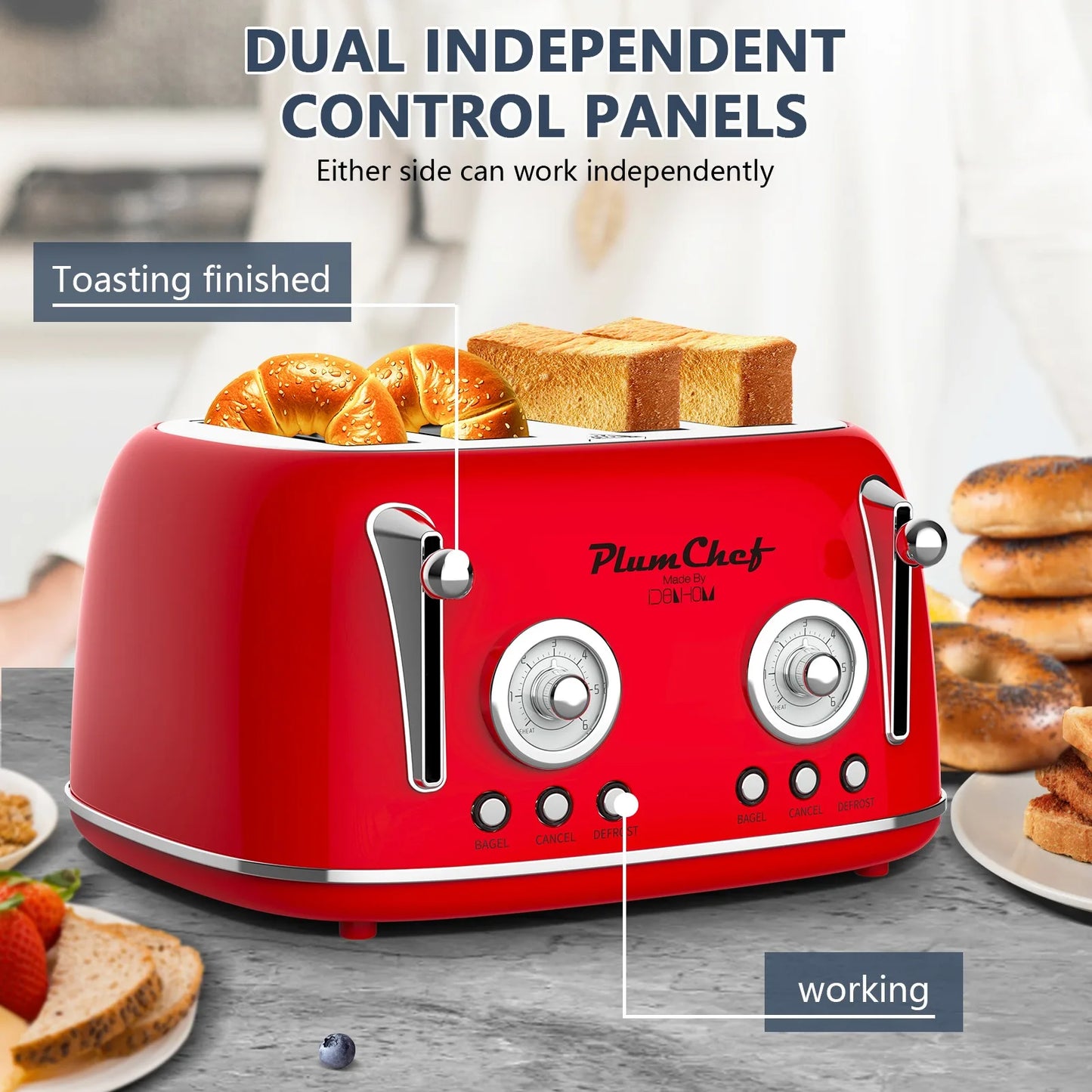 Plum Chef 4 Slice Retro Style Toaster Dual Control -Red