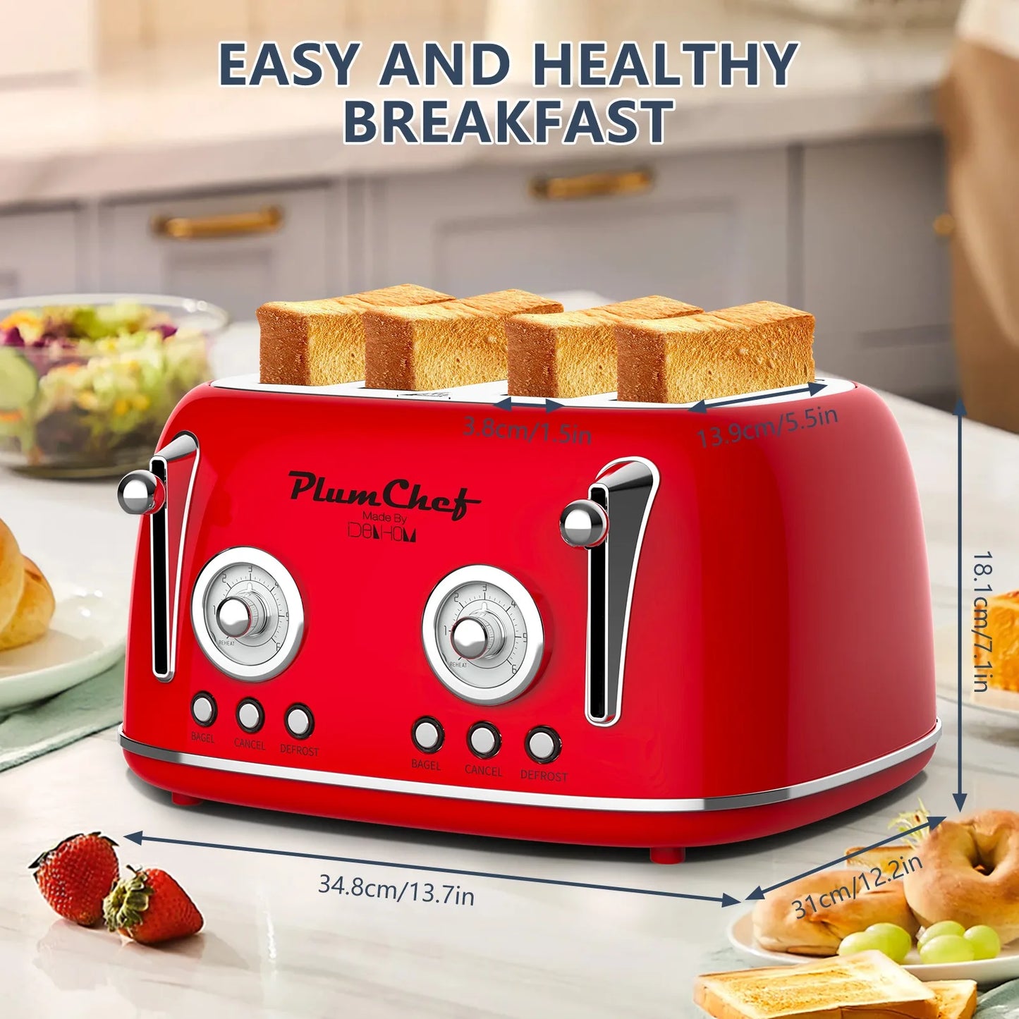 Plum Chef 4 Slice Retro Style Toaster Dual Control -Red