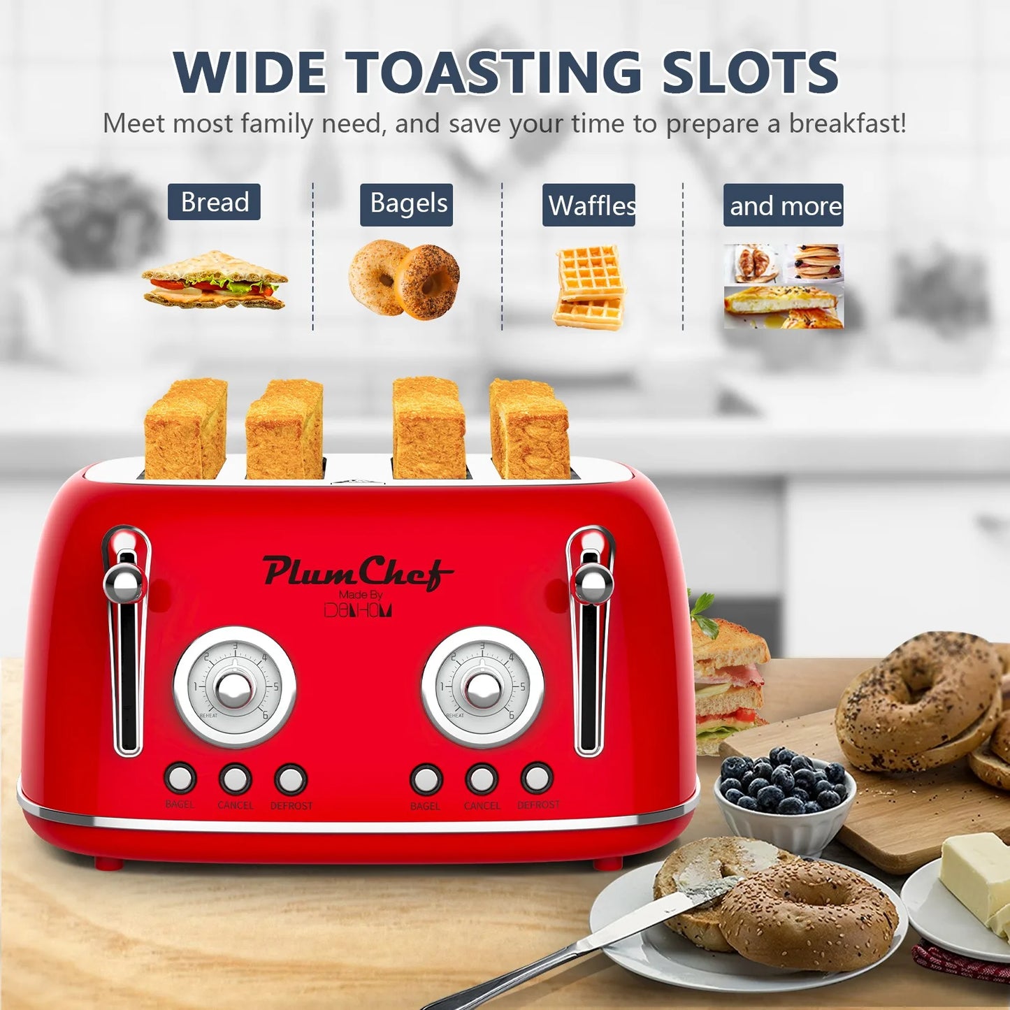 Plum Chef 4 Slice Retro Style Toaster Dual Control -Red