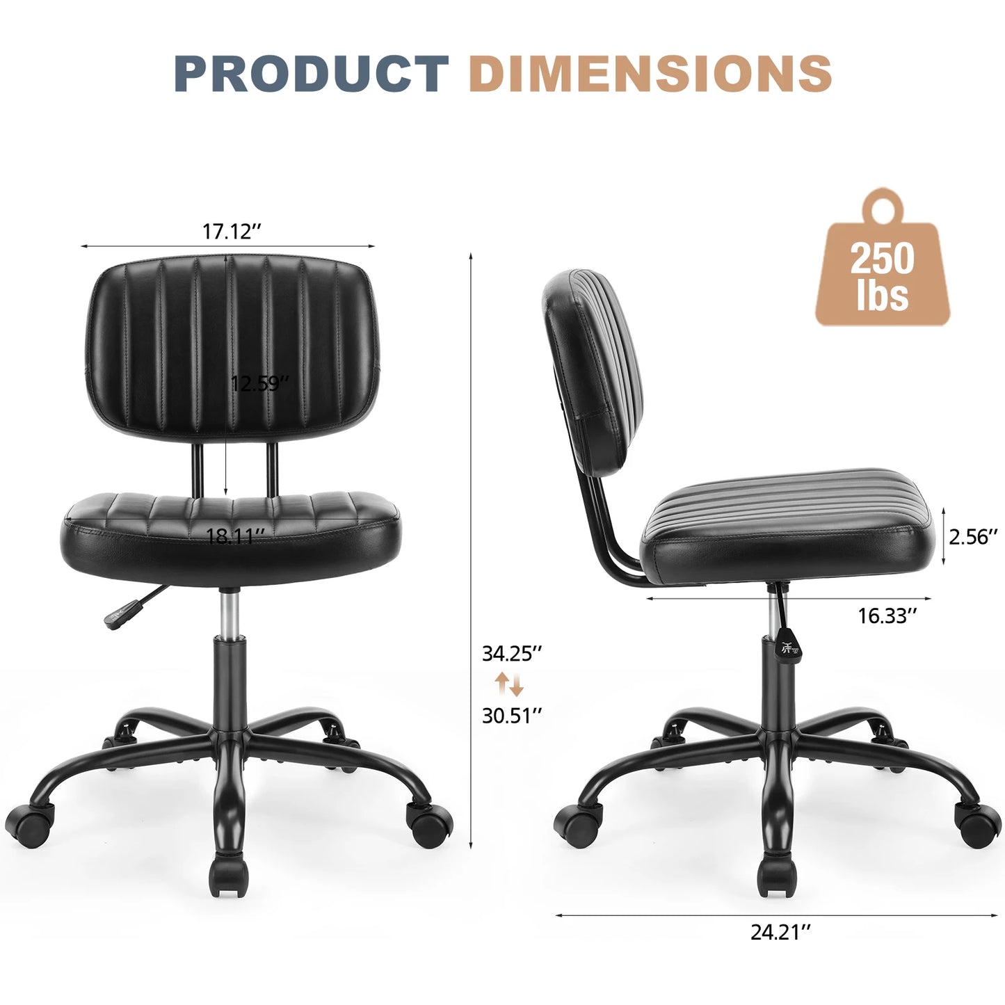 JHK Armless Office Desk Chair With Lumbar Support And Wheels