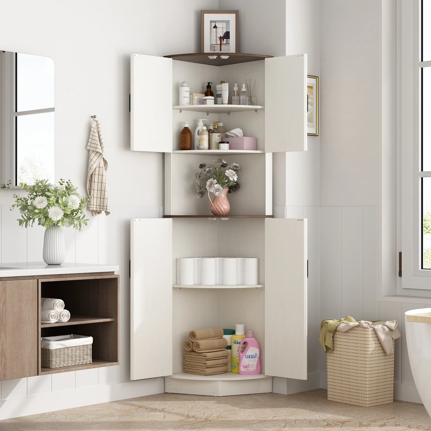 QiaoShiRen Farmhouse Corner Cabinet With Barn Doors And Adjustable Shelf