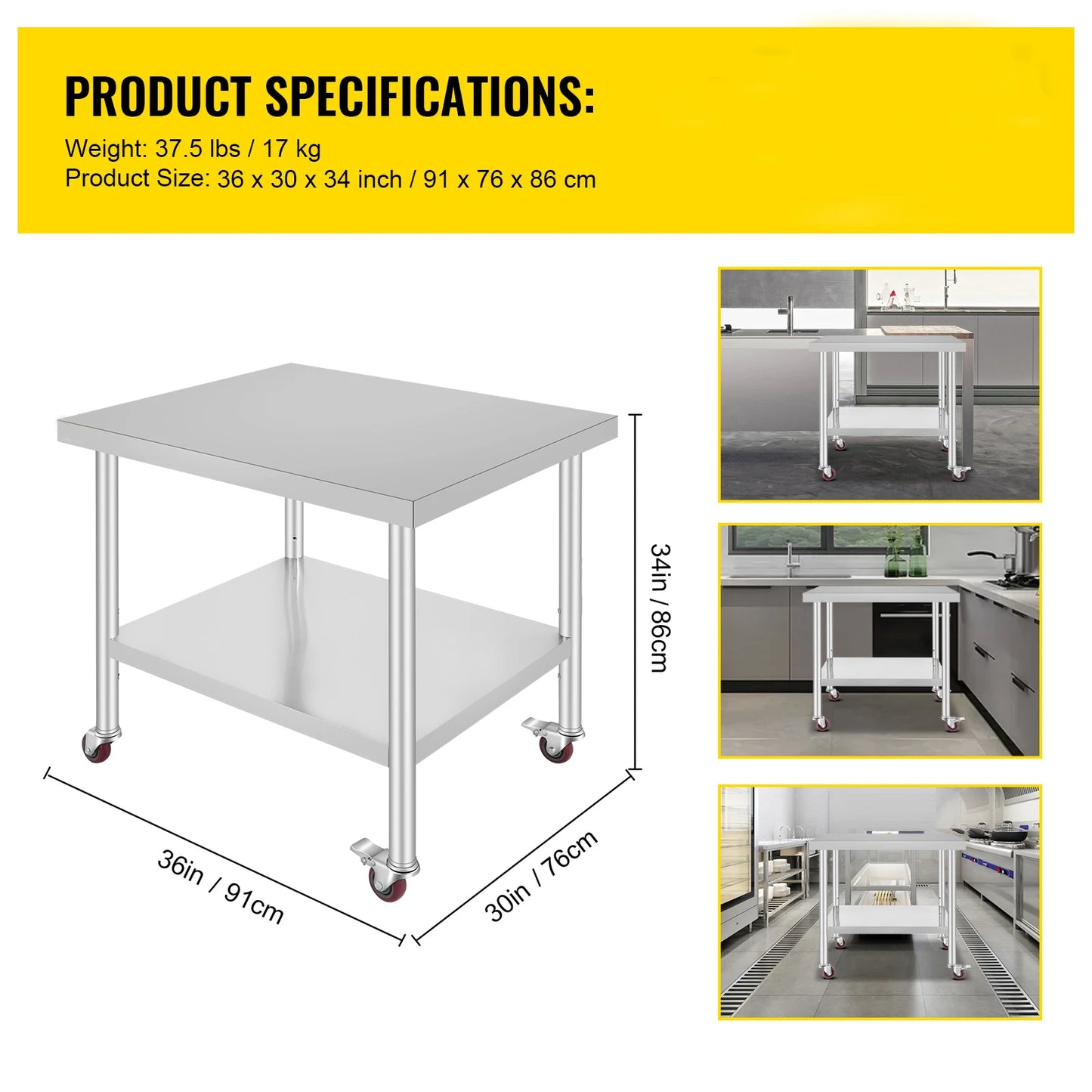 SucceBuy Stainless Steel Kitchen Worktable With Shelves And Caster Wheels