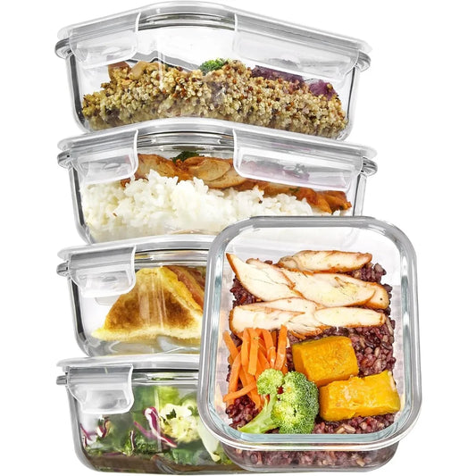 5-Pack 22oz Glass Food Containers with Airtight Lids, Microwave, Oven, Freezer & Dishwasher Safe (Grey)