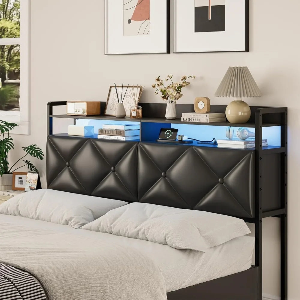 Headboard Queen Size with 2-Tier Open Space and Pull-Out Hidden Storage, Upholstered Headboard with Charging Station, Height Adj