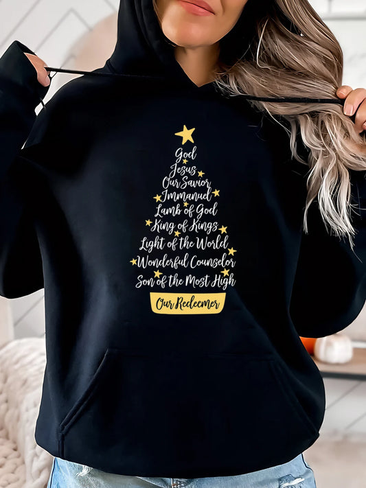 Christmas Hoodie Women Jesus Names Tree Print Long Sleeve