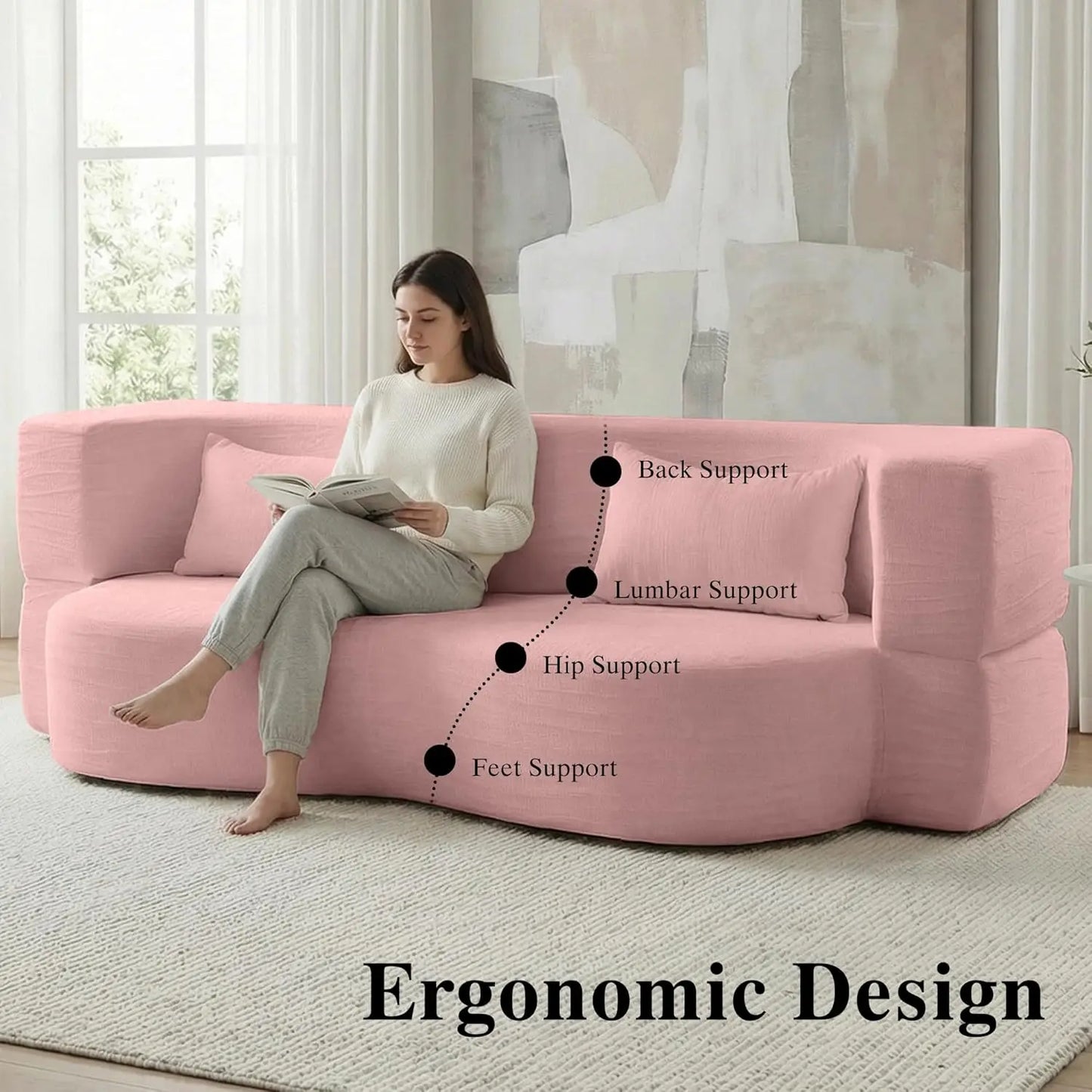 Convertible Sofa Bed 2in1 Teddy Fabric Loveseat With Pillow