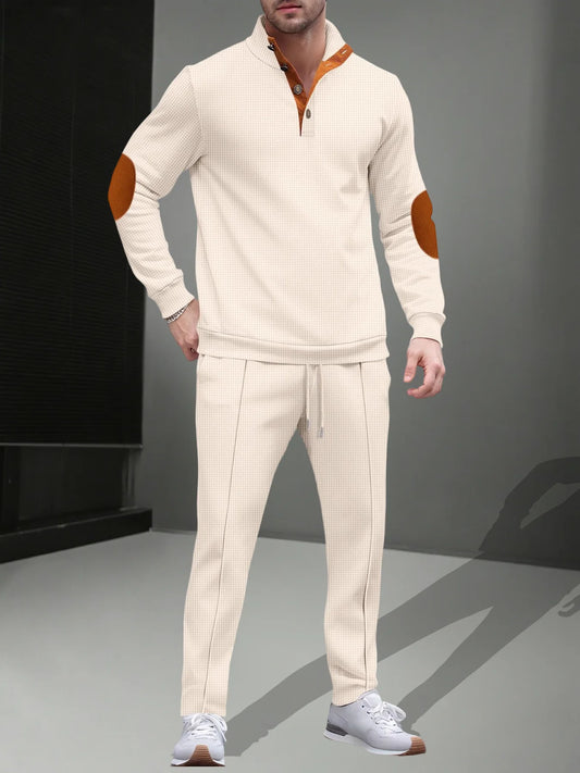Men's Waffle Checkered Hoodie Set With Stand Collar