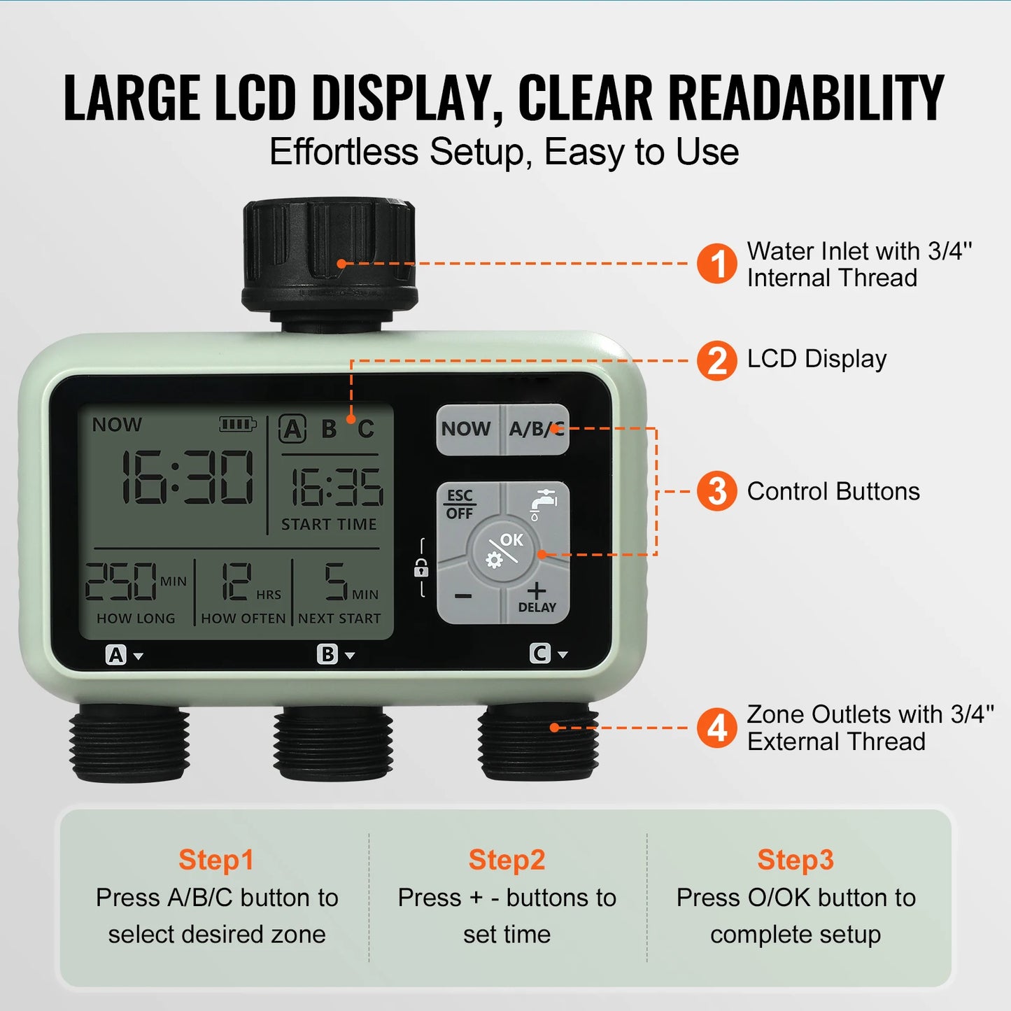 SucceBuy Water Timer 3 Outlets Hose 3 Independent Watering Zone LCD Display Rain Delay Mode Manual Mode Watering Sprinkler Timer