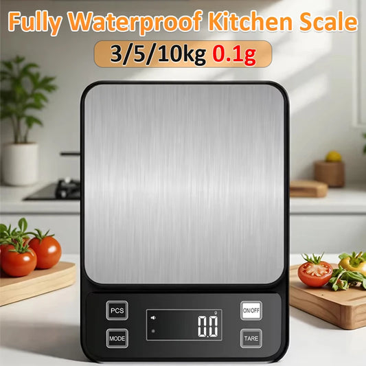 3/5/10kg 0.1g Food Scale Digital Electronic Kitchen Scale Fully Waterproof Stainless Steel Scale Food Snack Weighing Baking Tool