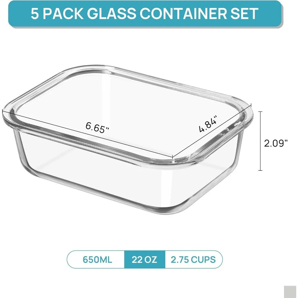 5-Pack 22oz Glass Food Containers with Airtight Lids, Microwave, Oven, Freezer & Dishwasher Safe (Grey)