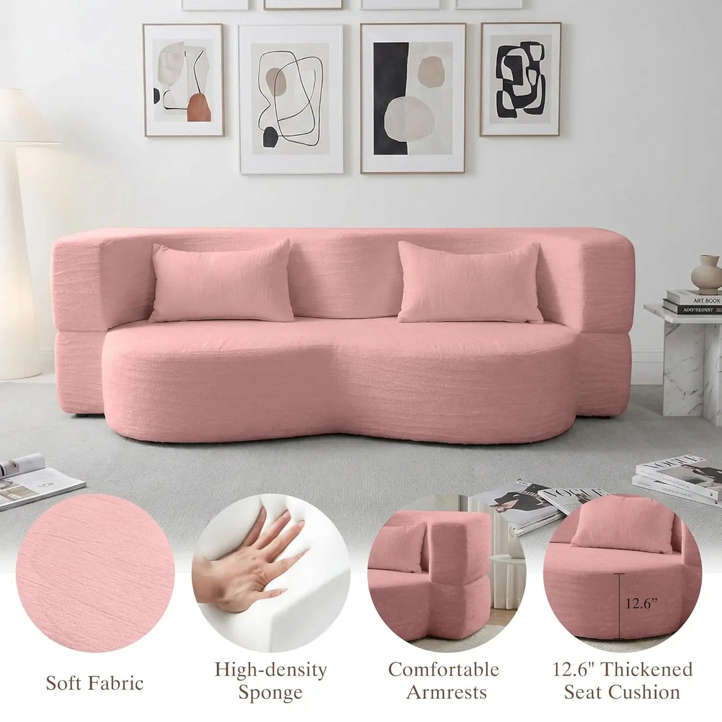 Convertible Sofa Bed 2in1 Teddy Fabric Loveseat With Pillow