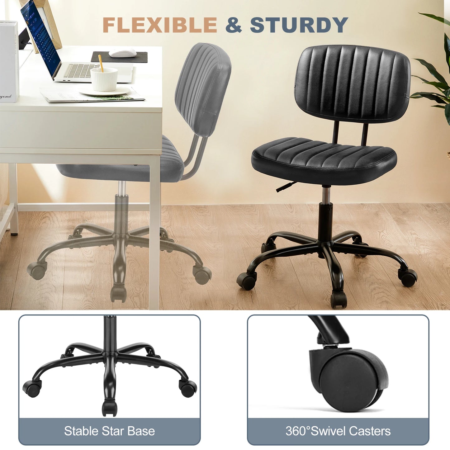 JHK Armless Office Desk Chair With Lumbar Support And Wheels