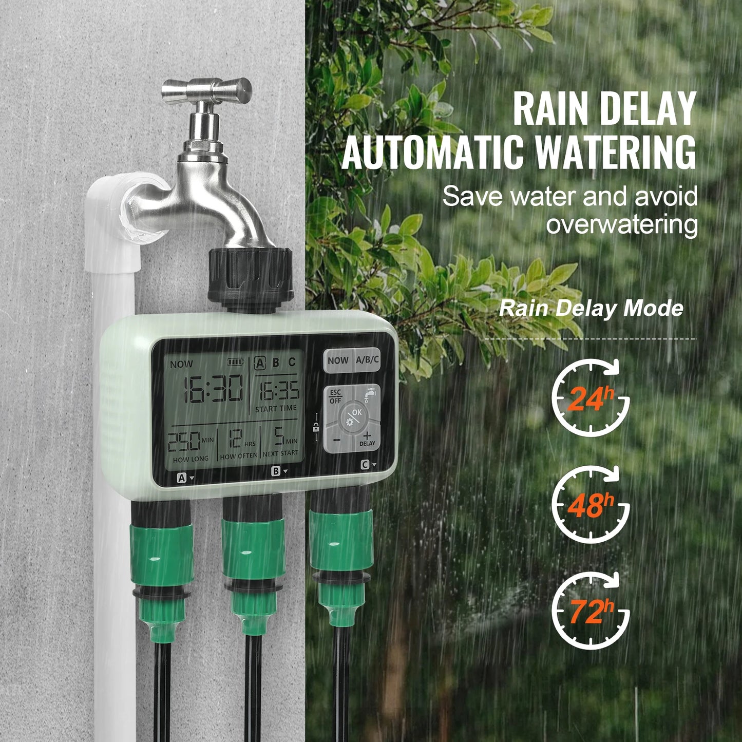 SucceBuy Water Timer 3 Outlets Hose 3 Independent Watering Zone LCD Display Rain Delay Mode Manual Mode Watering Sprinkler Timer