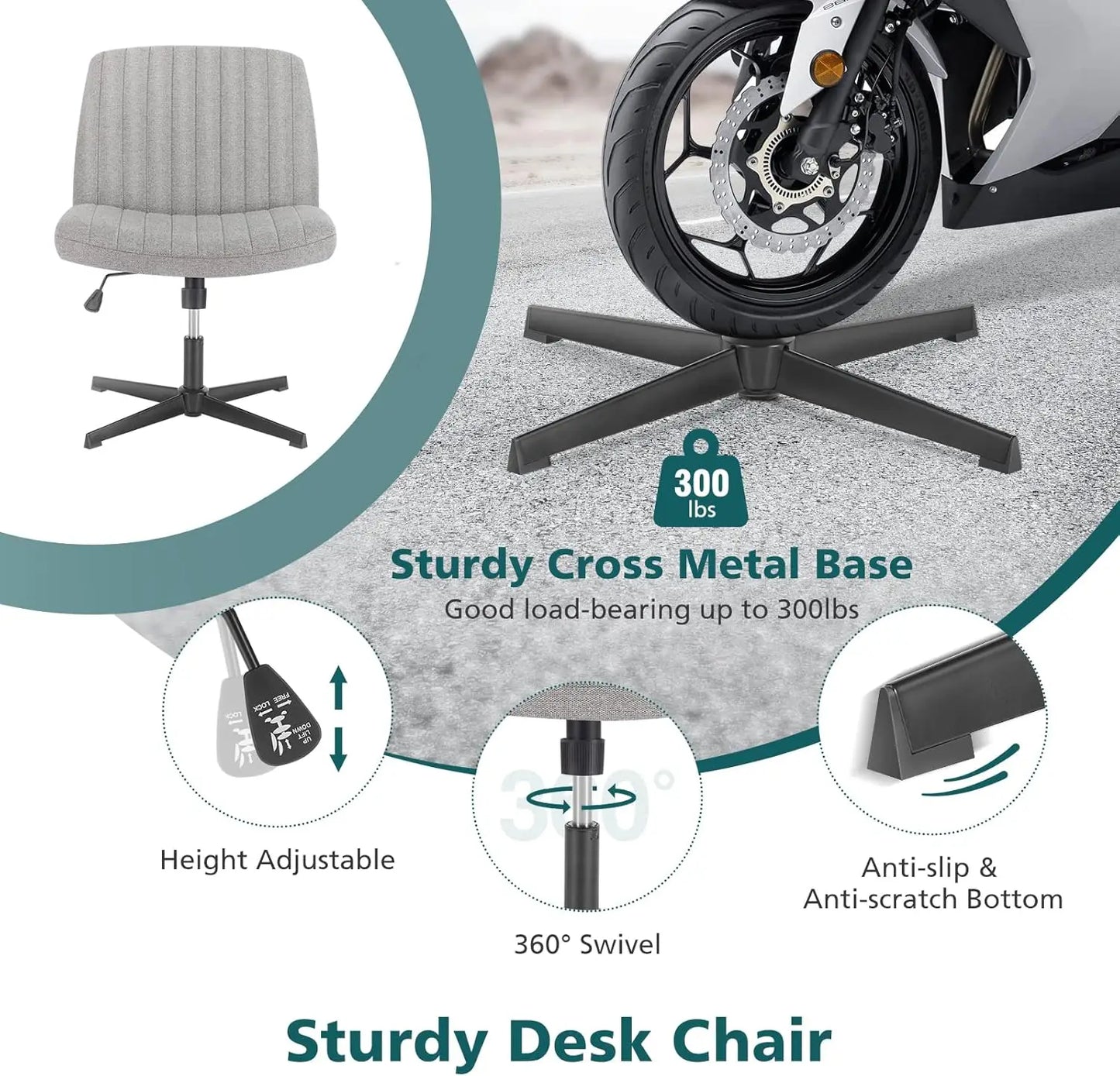 Criss Cross Legged Armless Swivel Chair Height Adjustable Padded Fabric