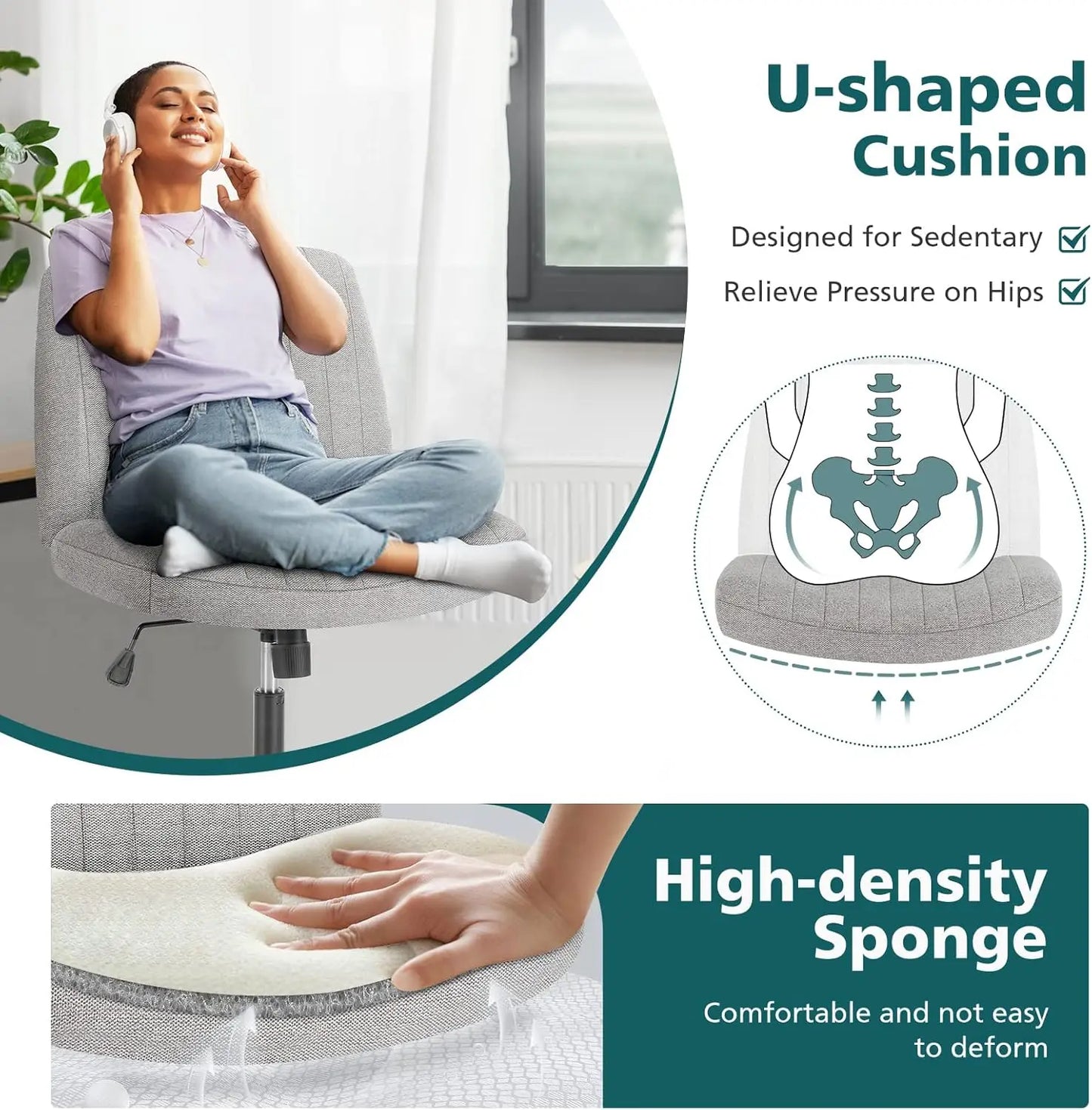 Criss Cross Legged Armless Swivel Chair Height Adjustable Padded Fabric