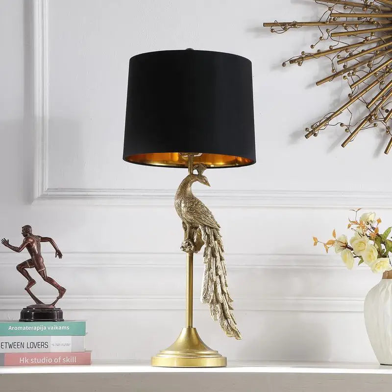 29" Modern Elegant Golden Peacock Table Lamp on Pedestal - Polyresin Design