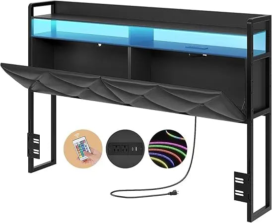 Headboard Queen Size with 2-Tier Open Space and Pull-Out Hidden Storage, Upholstered Headboard with Charging Station, Height Adj