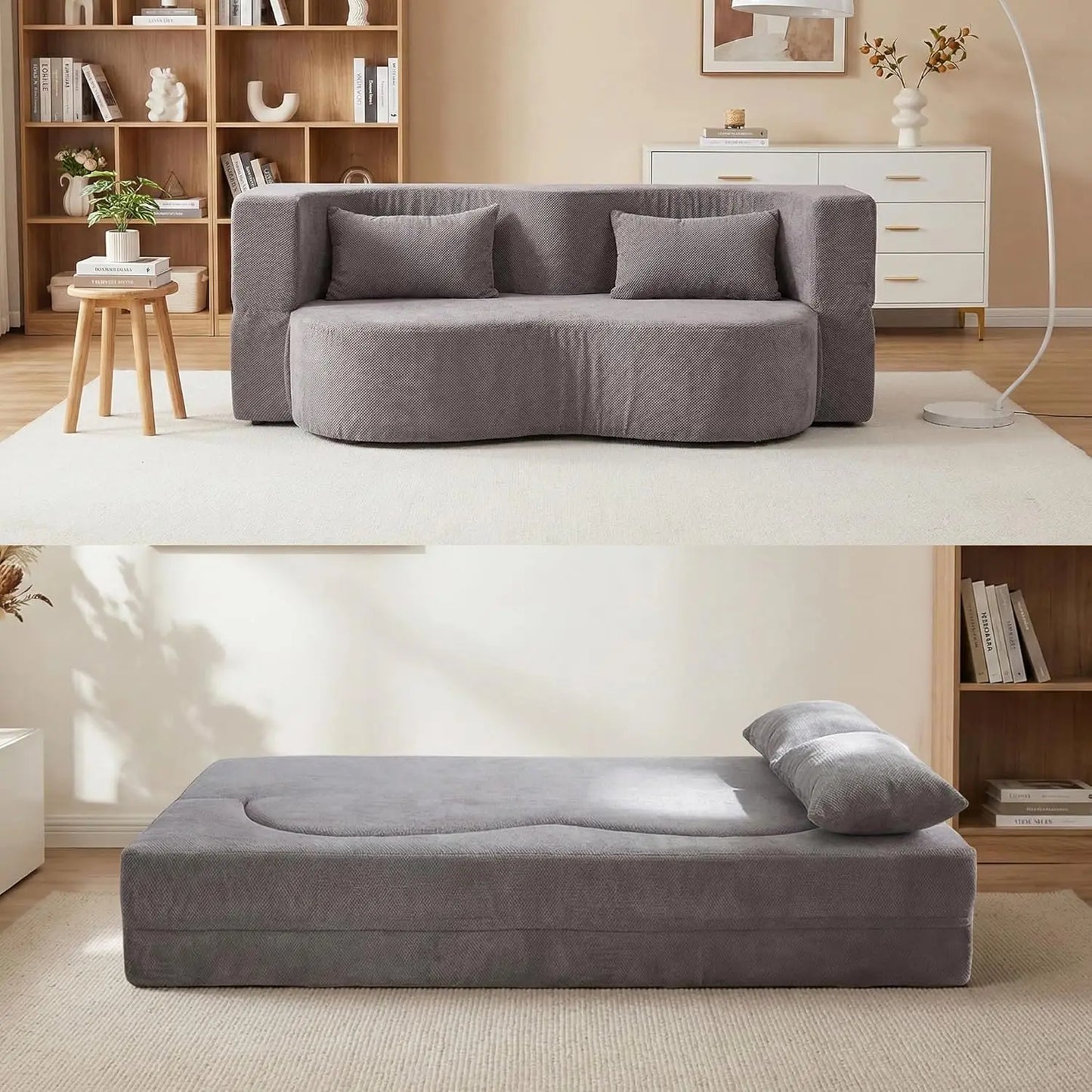 Convertible Sofa Bed 2in1 Teddy Fabric Loveseat With Pillow