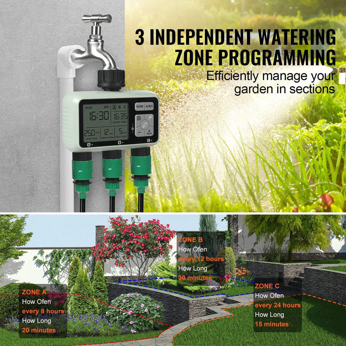 SucceBuy Water Timer 3 Outlets Hose 3 Independent Watering Zone LCD Display Rain Delay Mode Manual Mode Watering Sprinkler Timer