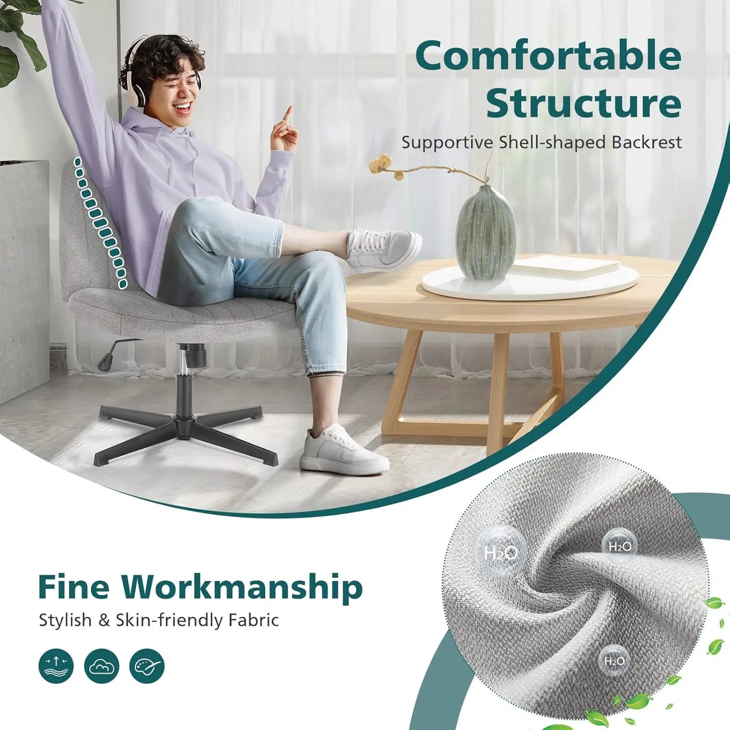 Criss Cross Legged Armless Swivel Chair Height Adjustable Padded Fabric