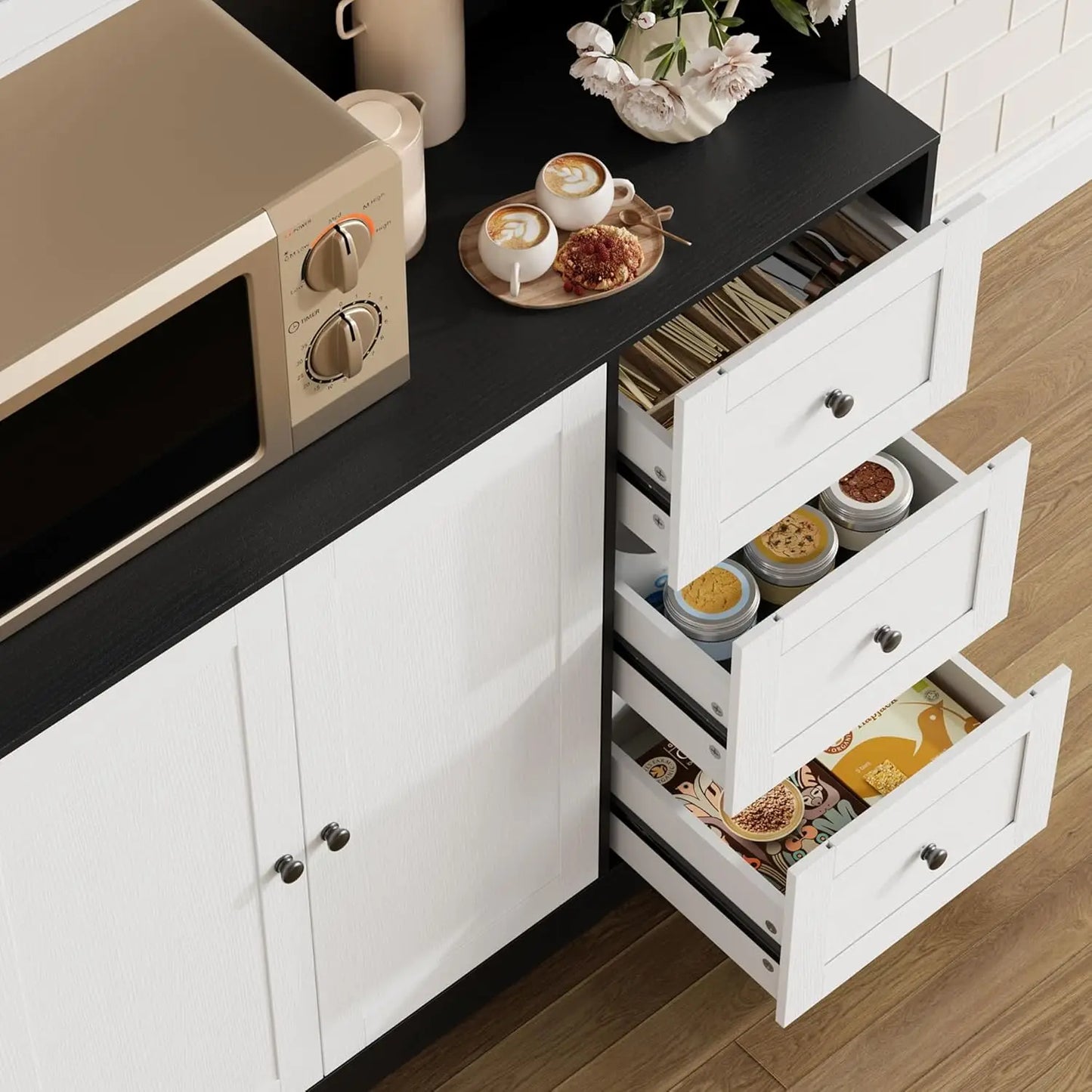 HiMISS Kitchen Pantry Cabinet Sideboard With Drawers And Adjustable Shelves
