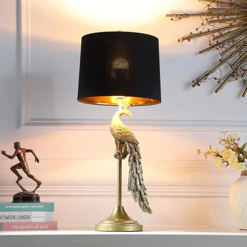 29" Modern Elegant Golden Peacock Table Lamp on Pedestal - Polyresin Design
