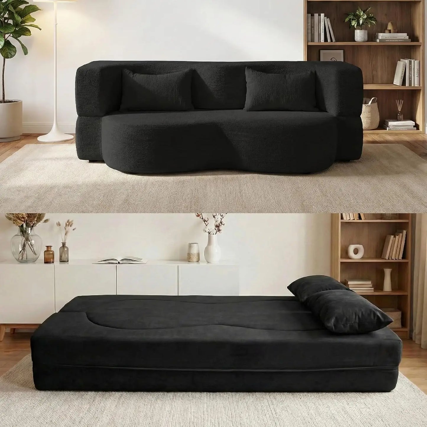 Convertible Sofa Bed 2in1 Teddy Fabric Loveseat With Pillow