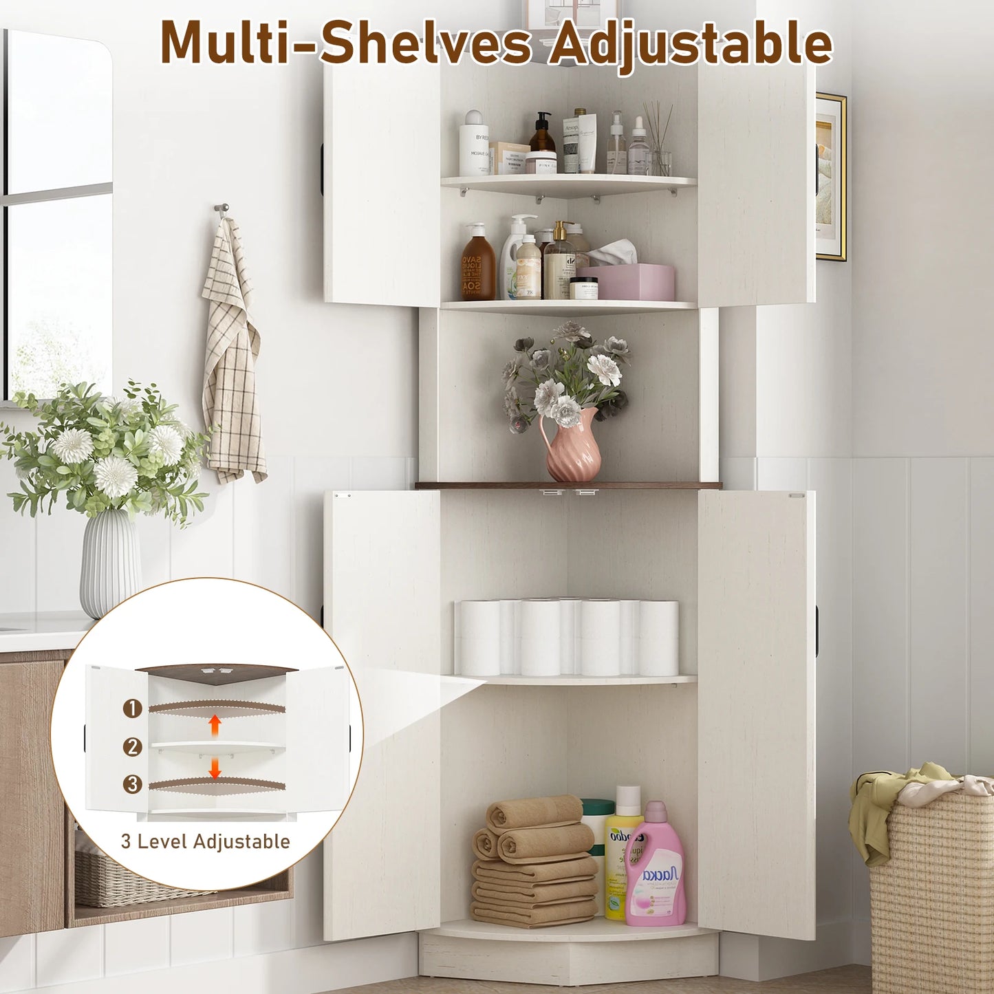 QiaoShiRen Farmhouse Corner Cabinet With Barn Doors And Adjustable Shelf