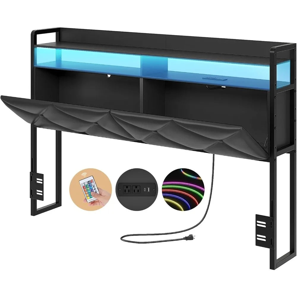 Headboard Queen Size with 2-Tier Open Space and Pull-Out Hidden Storage, Upholstered Headboard with Charging Station, Height Adj