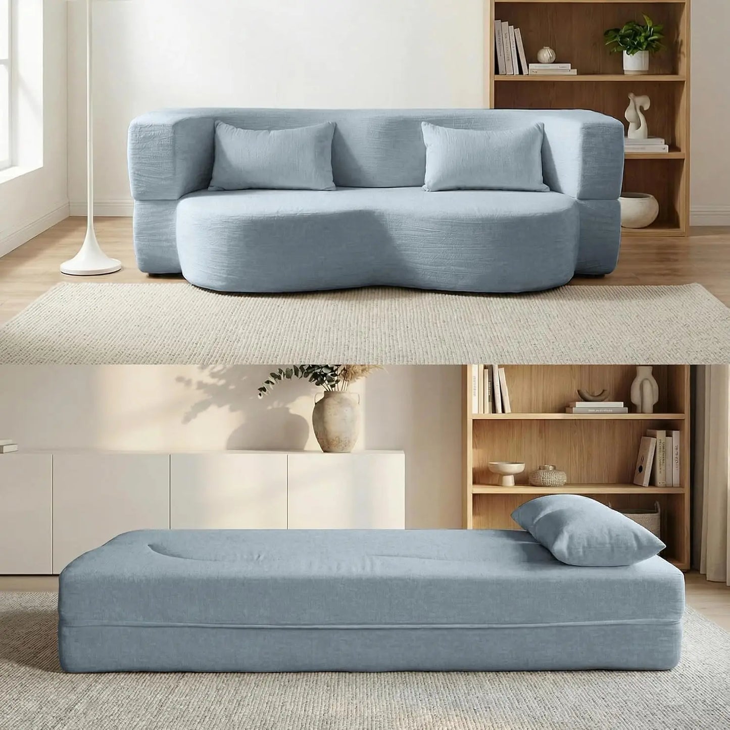 Convertible Sofa Bed 2in1 Teddy Fabric Loveseat With Pillow