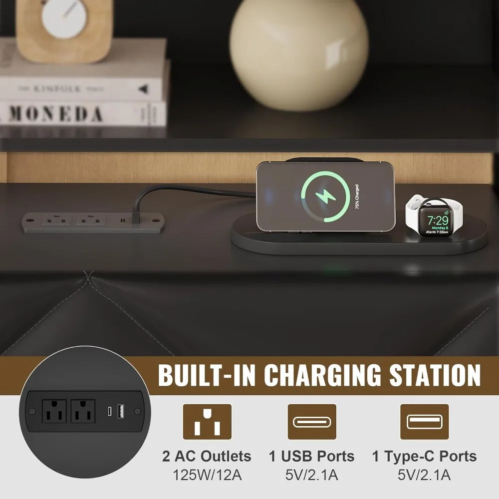 Headboard Queen Size with 2-Tier Open Space and Pull-Out Hidden Storage, Upholstered Headboard with Charging Station, Height Adj