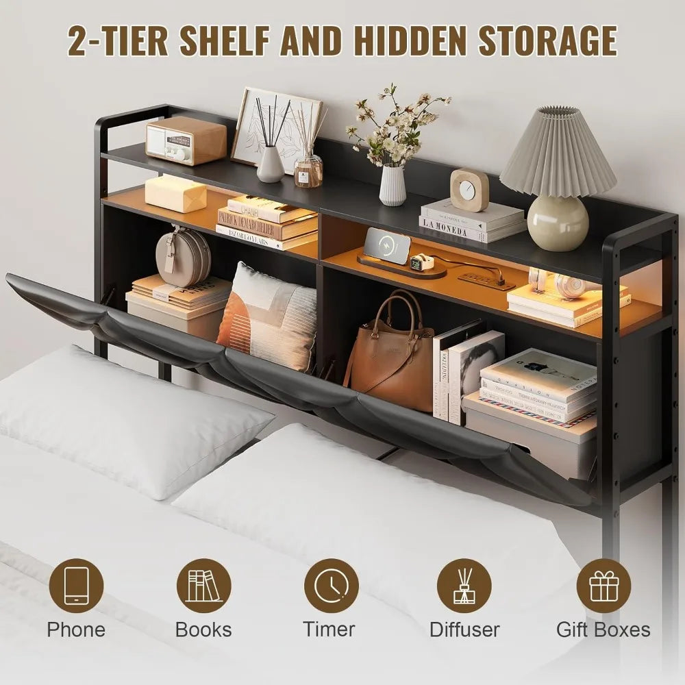 Headboard Queen Size with 2-Tier Open Space and Pull-Out Hidden Storage, Upholstered Headboard with Charging Station, Height Adj