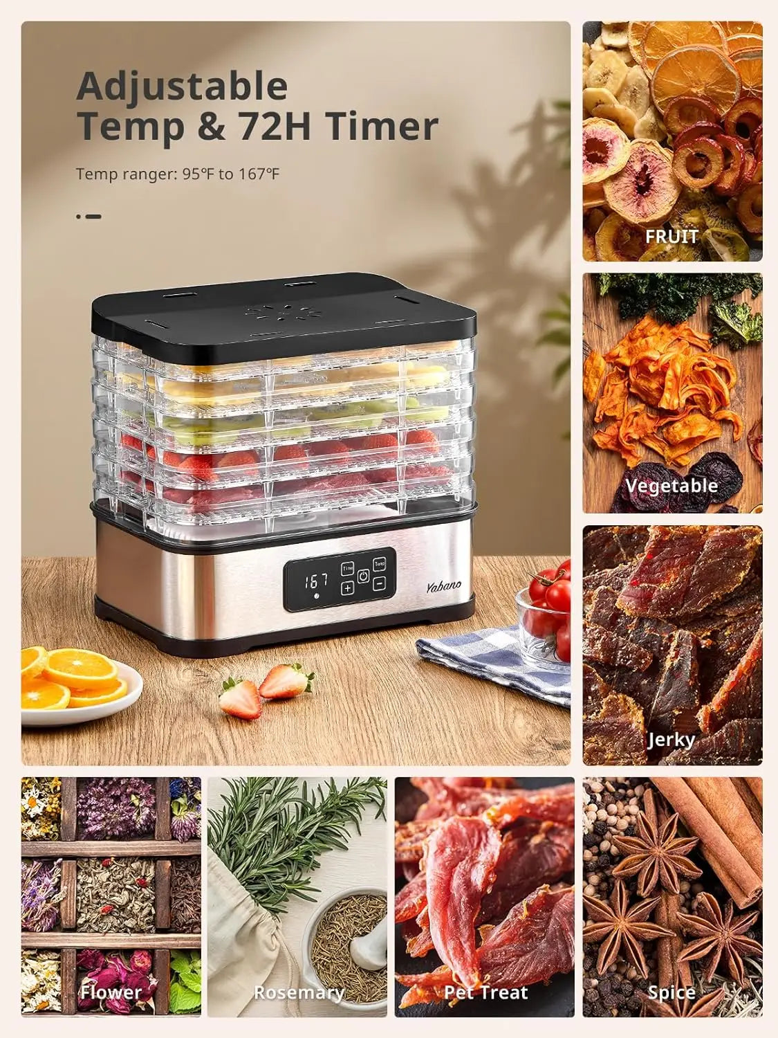 XMSJ Food Dehydrator Machine With 250W Digital Timer