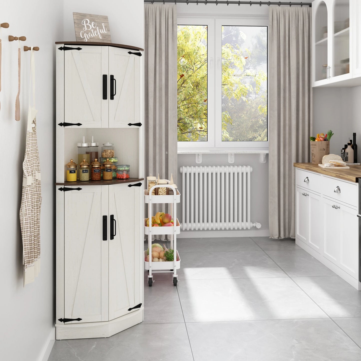 QiaoShiRen Farmhouse Corner Cabinet With Barn Doors And Adjustable Shelf