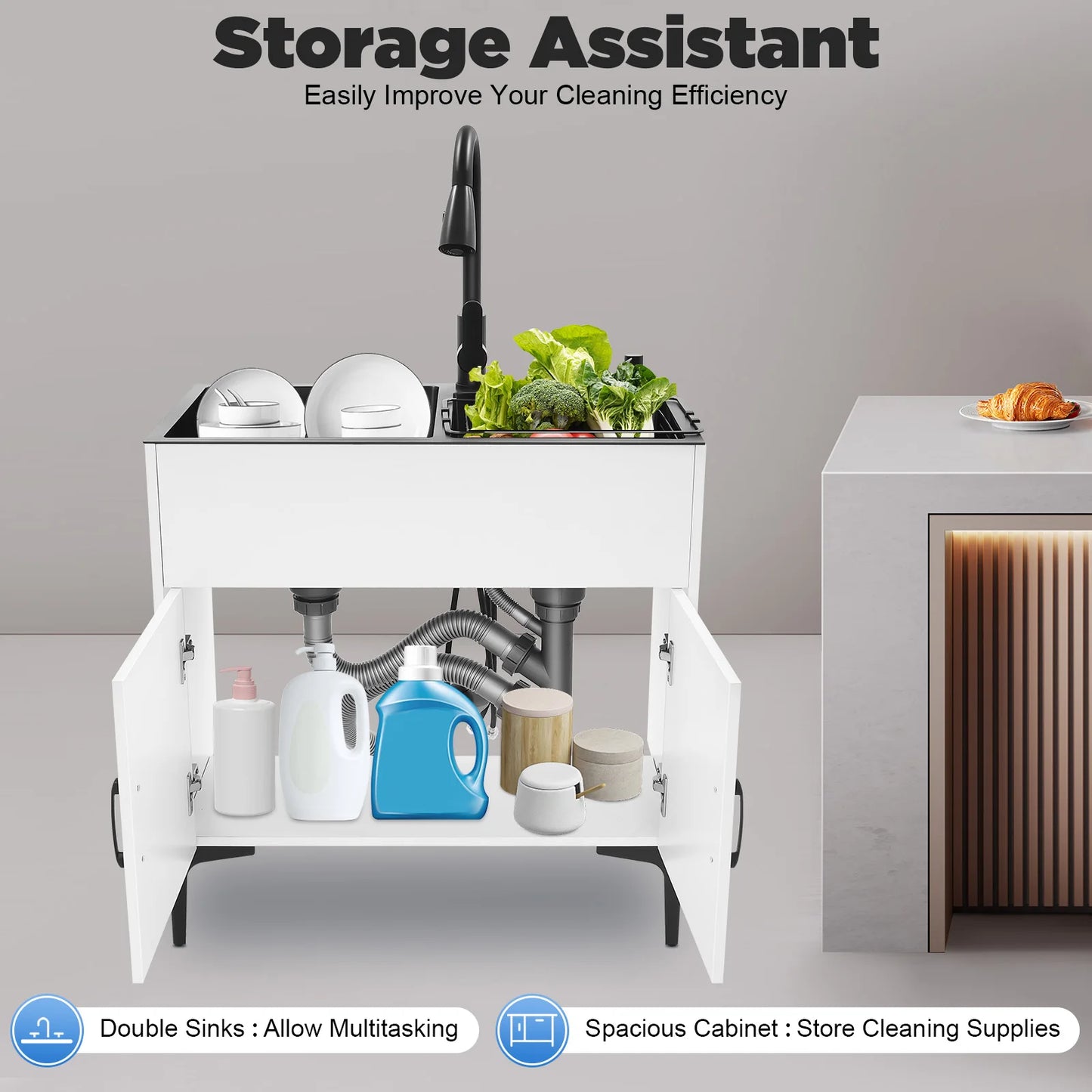 Bymaocar Pull Out Kitchen Faucet For Freestanding Double Basin