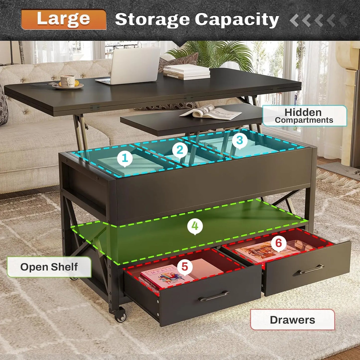 Lift Top Coffee Table With Storage For Living Room Farmhouse