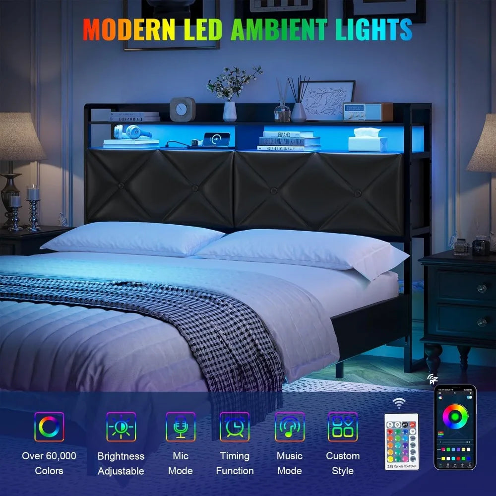 Headboard Queen Size with 2-Tier Open Space and Pull-Out Hidden Storage, Upholstered Headboard with Charging Station, Height Adj